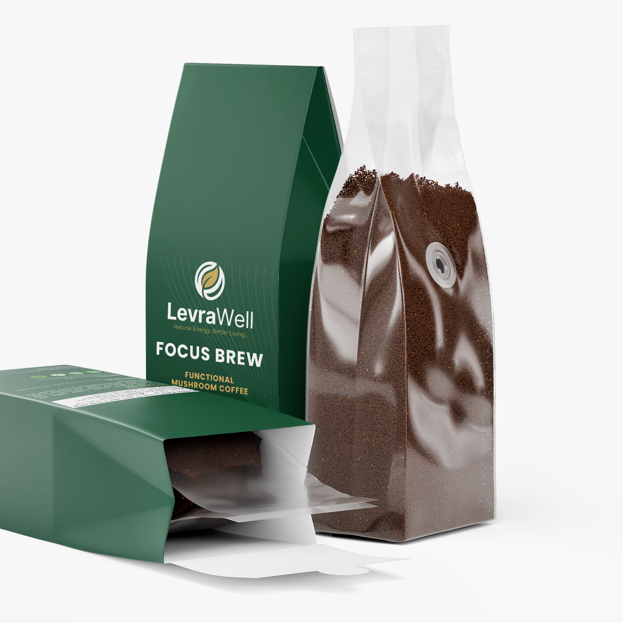LevraWell Focus Brew functional mushroom coffee in a dark green stand-up pouch next to a clear bag filled with dark brown coffee grounds, on a white background.