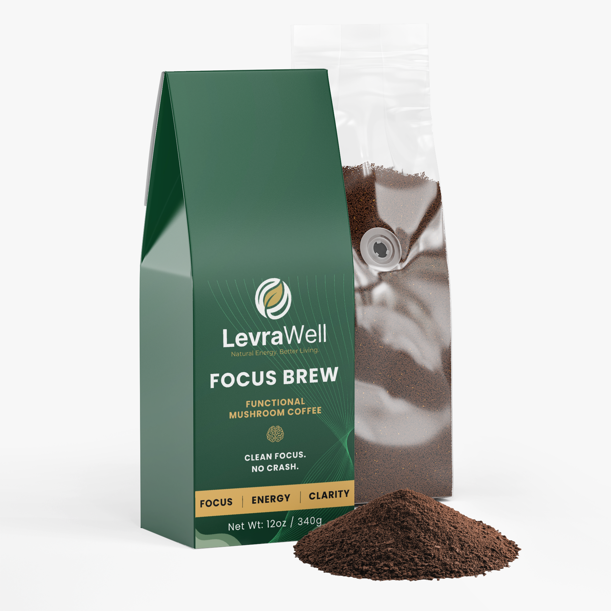 Paramin Vitality Mushroom Ground Coffee package with coffee grounds in front