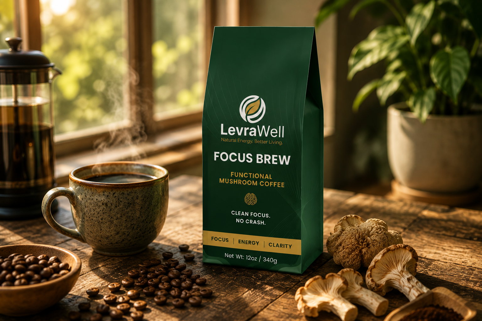 A bag of LevraWell Focus Brew functional mushroom coffee stands on a wooden table in a warm, sunlit kitchen setting. A ceramic mug of coffee, scattered coffee beans, sliced mushrooms, a French press, and a potted plant are arranged around it.