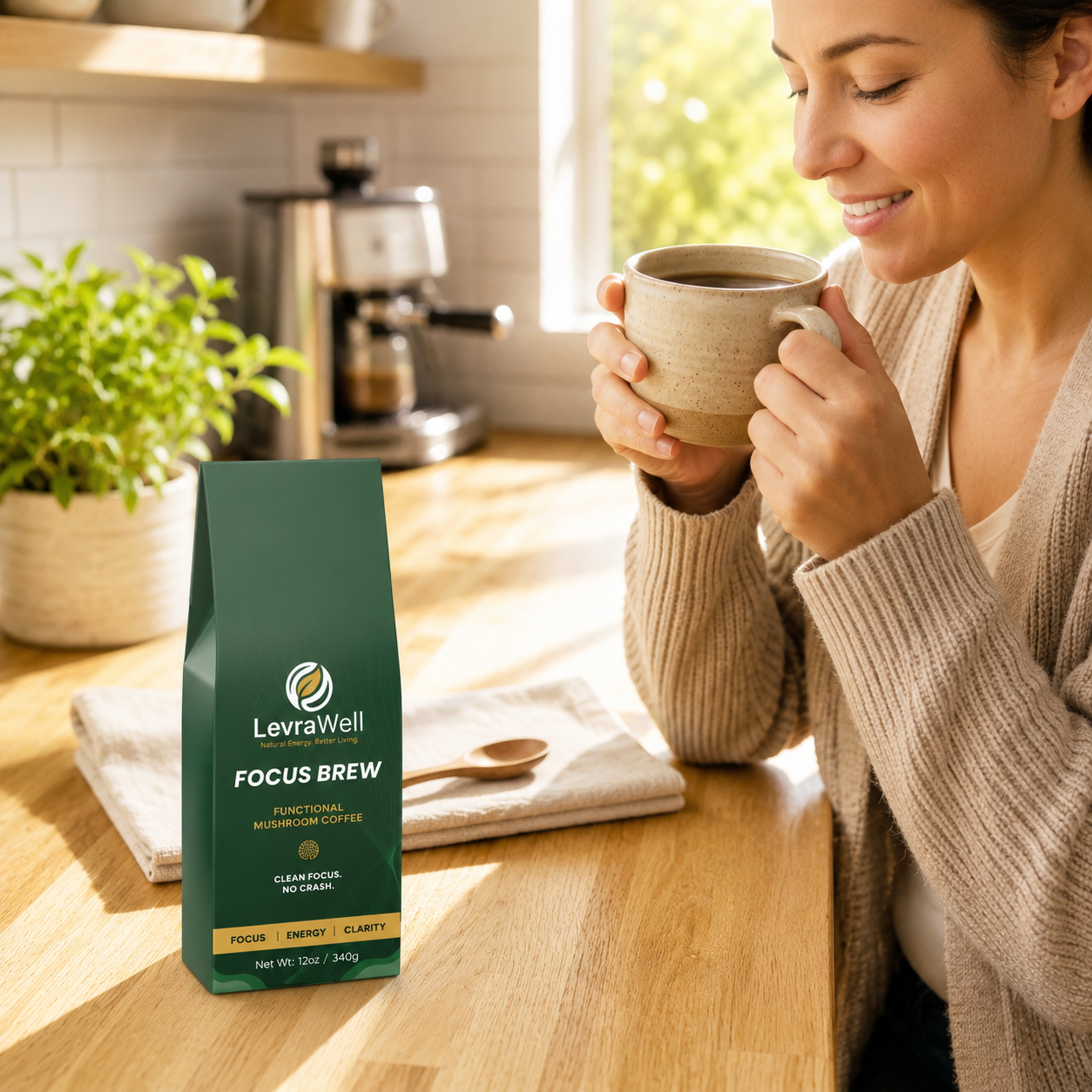 A woman in a beige cardigan holds a ceramic mug on a wooden kitchen counter, with a green bag of LevraWell Focus Brew coffee standing beside her. The scene is warmly lit by natural light from a window, with a coffee maker and plant in the background.