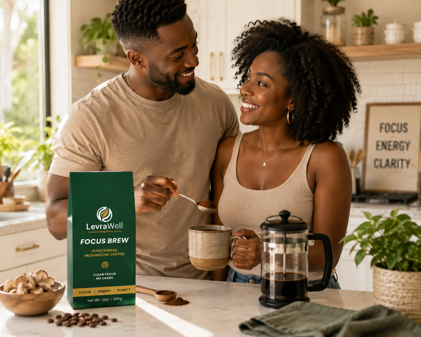 A man and woman smile and laugh in a bright kitchen while preparing coffee. A green bag of Levowell Focus Brew functional magnesium coffee sits on the counter beside a ceramic mug, coffee beans, a French press, and a sign that reads 'FOCUS ENERGY CLARITY'.